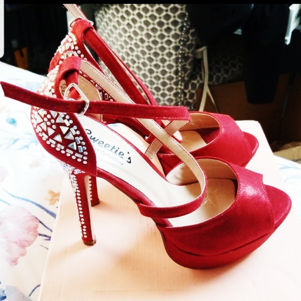 Red Stiletto Heels with Rhinestone Detailing
